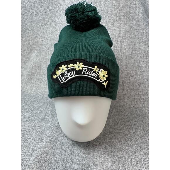Lady Rider Black Velvet Flower Patch Hunter Green Cuff Pom Pom Beanie - Picture 2 of 4